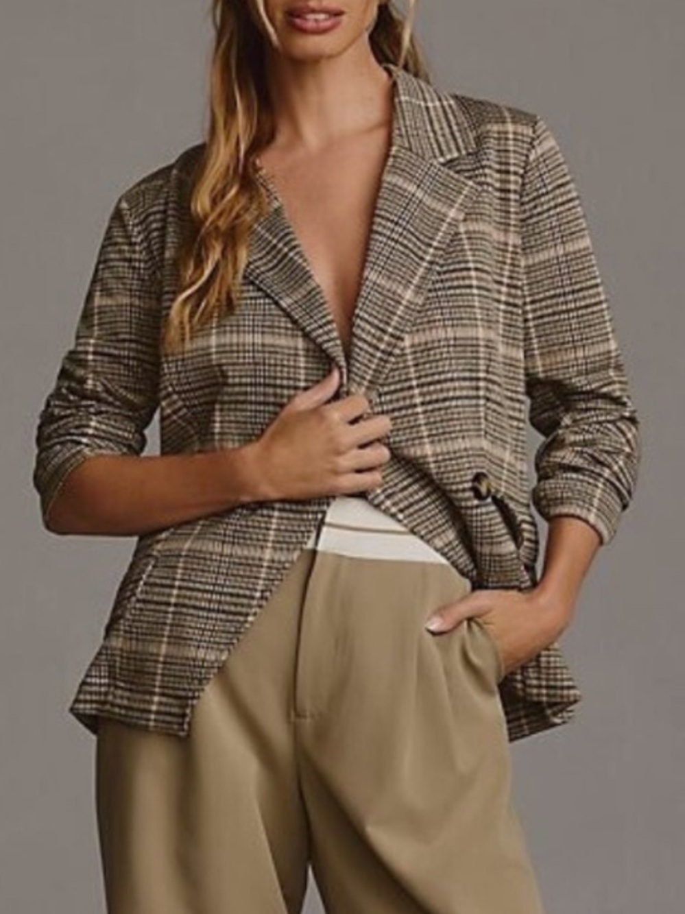 Anthropologie Maeve Collegiate Blazer tan plaid stripe jacket pockets